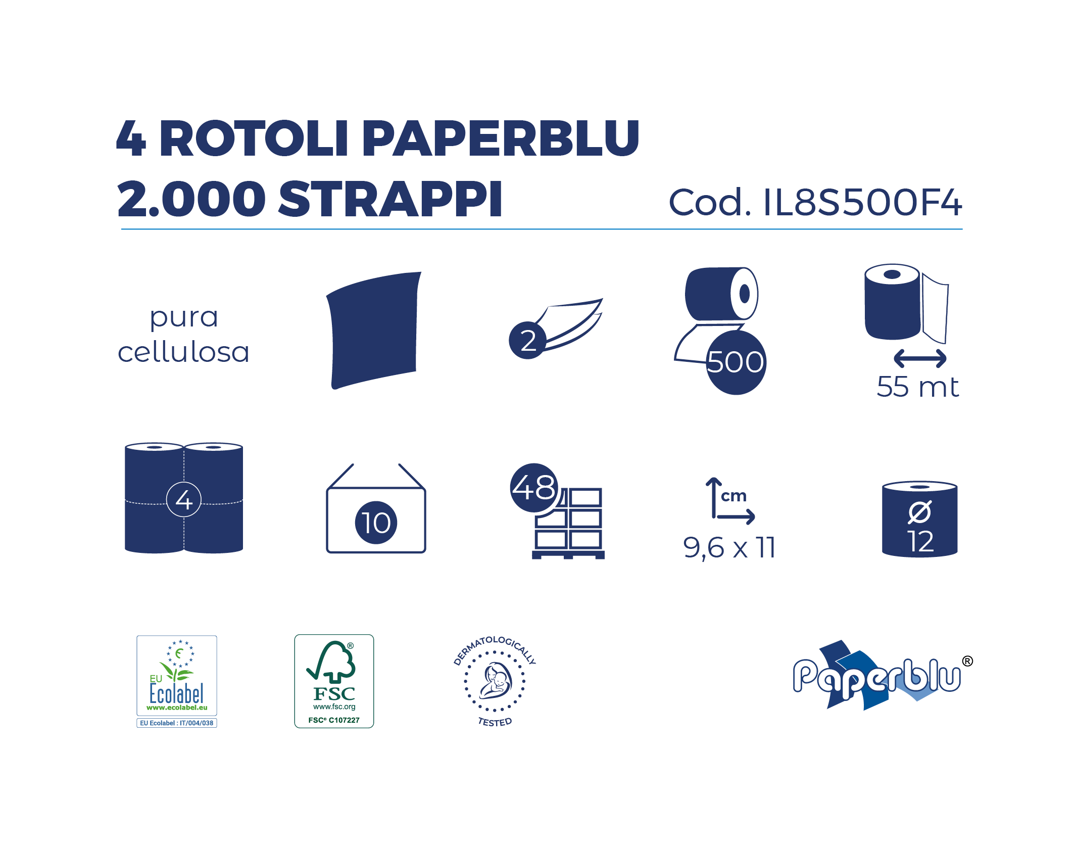 Carta igienica 4 rotoli 2000 strappi Paperblu