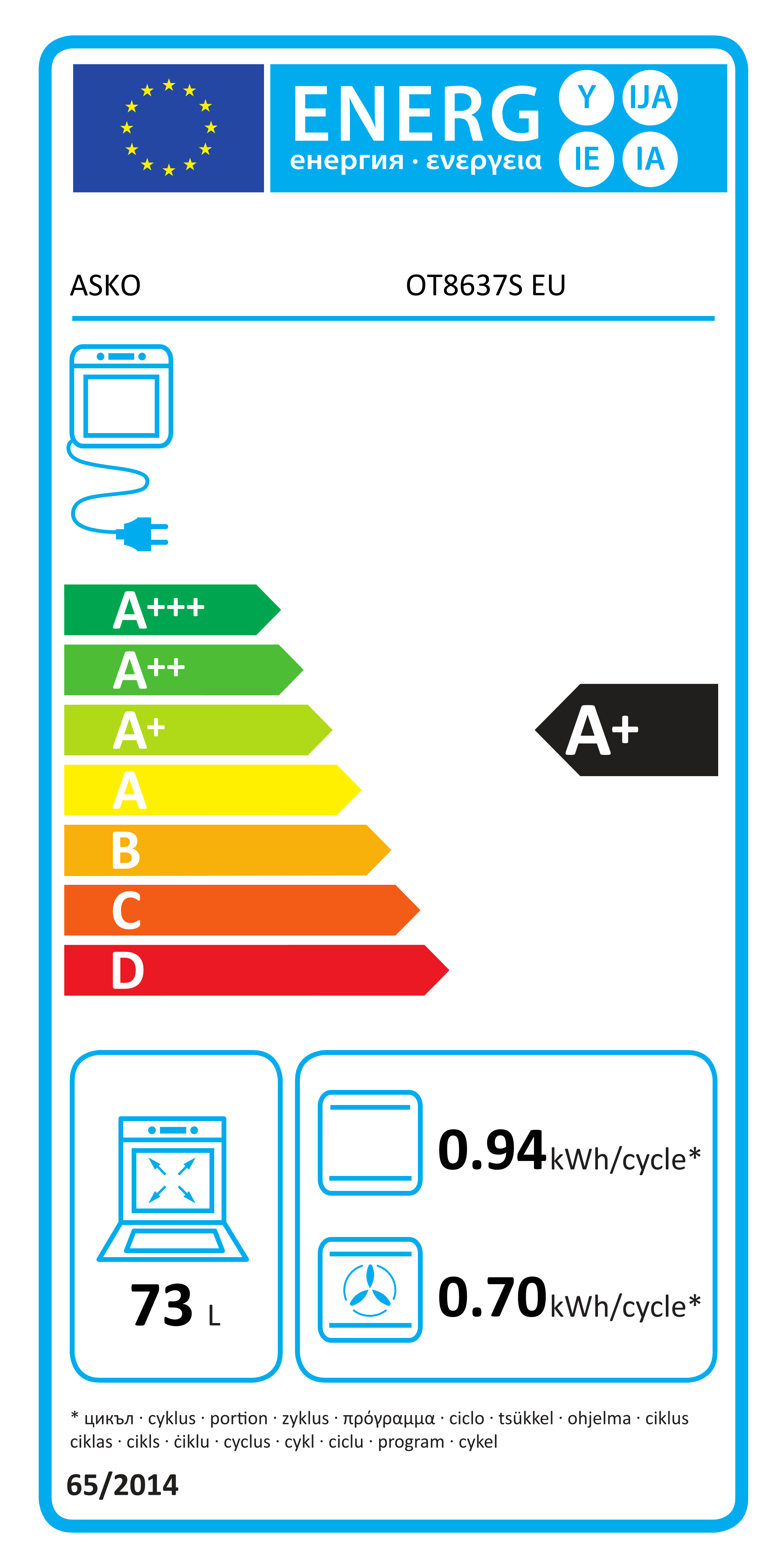 Scheda energetica EPREL Forno ad incasso Asko multifunzione A+ Pro Series Serie 3 OT8637S EU