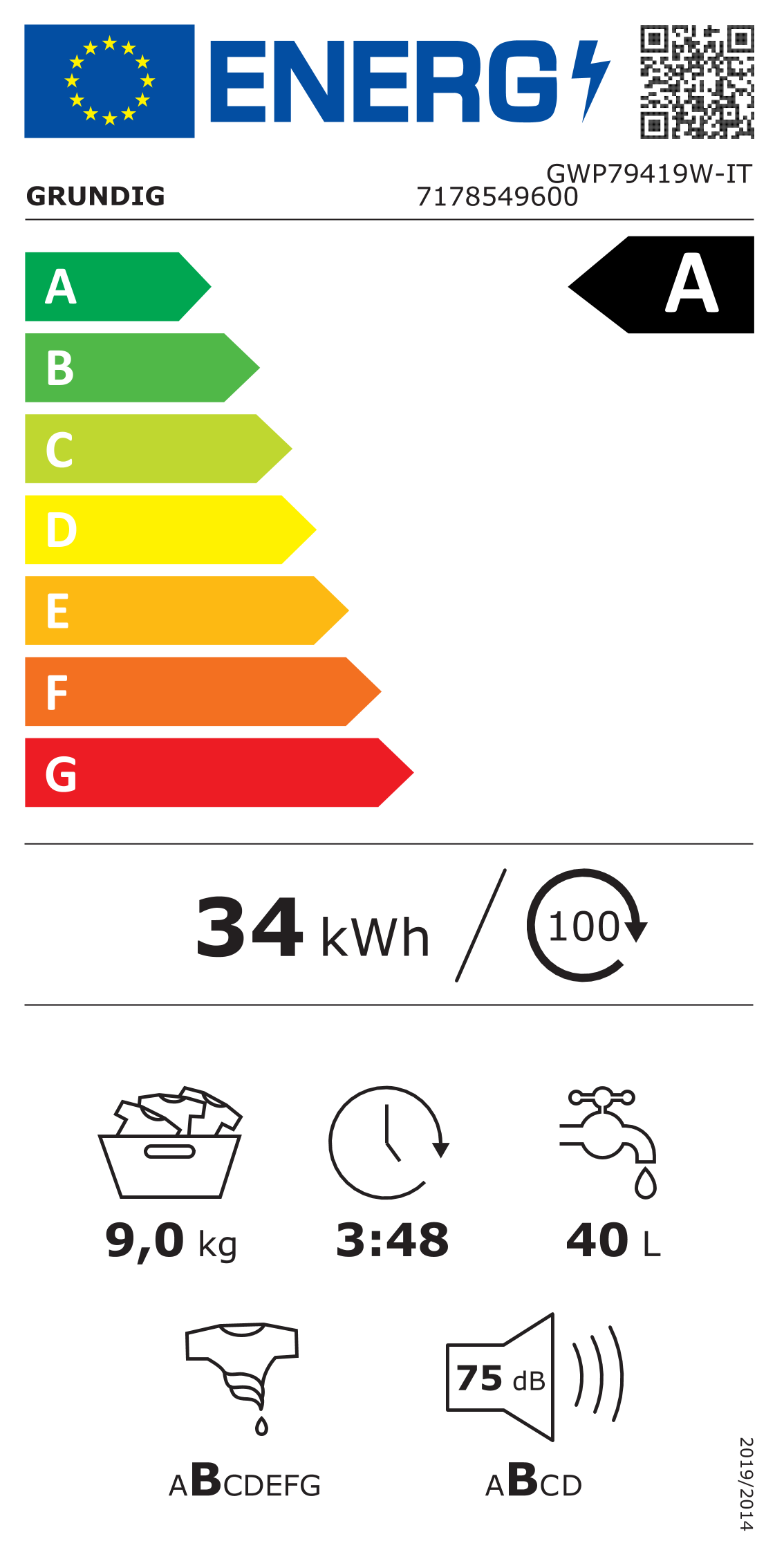 Scheda energetica EPREL Lavatrice 9 kg Grundig GWP79419W-IT