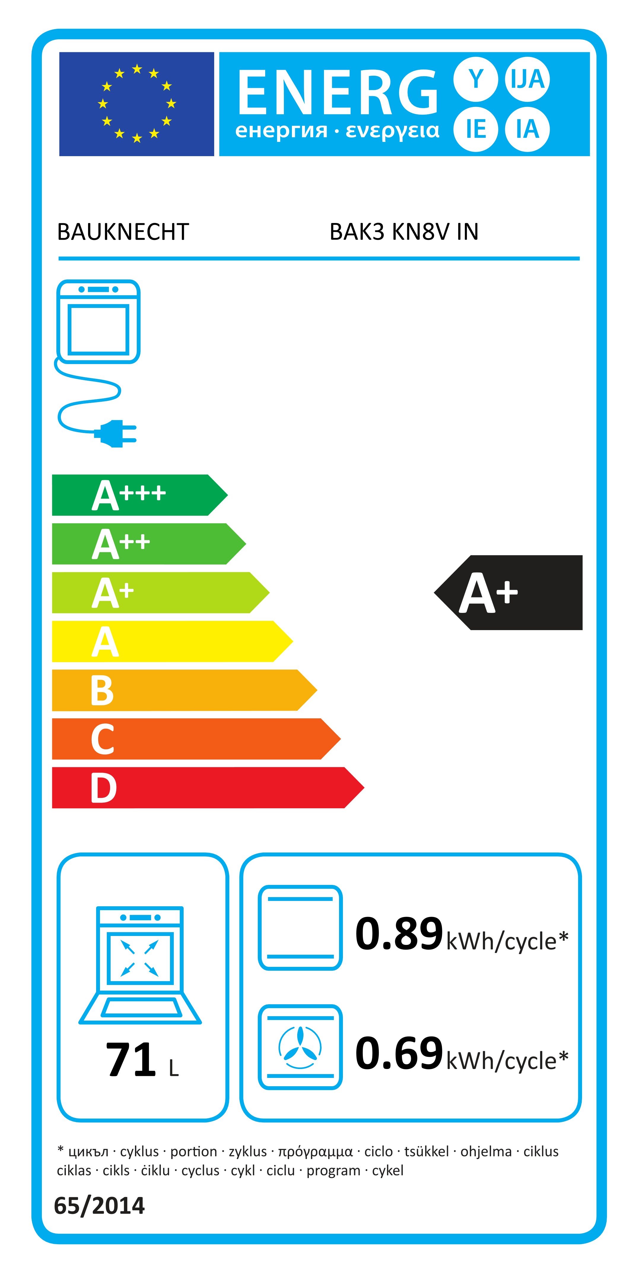 Scheda energetica EPREL Forno ad incasso Bauknecht BAK3 KN8V IN A+