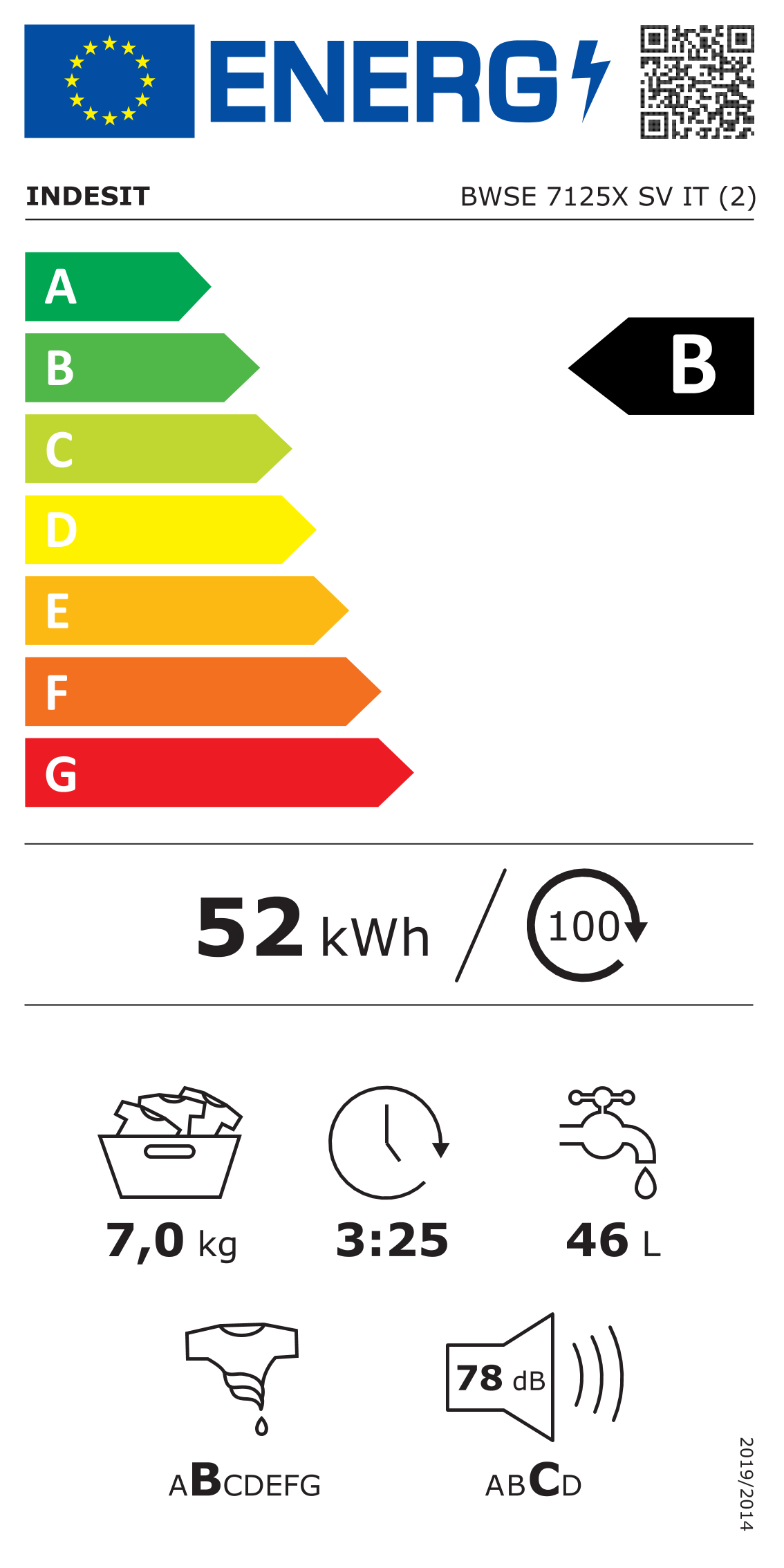 Scheda energetica EPREL Lavatrice a libera installazione 7 kg Indesit BWSE 7125X SV IT