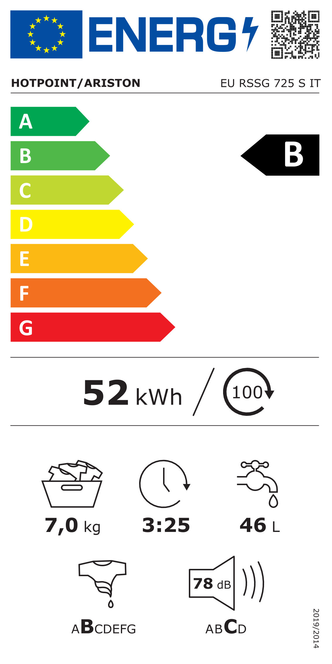 Scheda energetica EPREL Lavatrice slim a libera installazione Hotpoint 7 kg EU RSSG 725 S