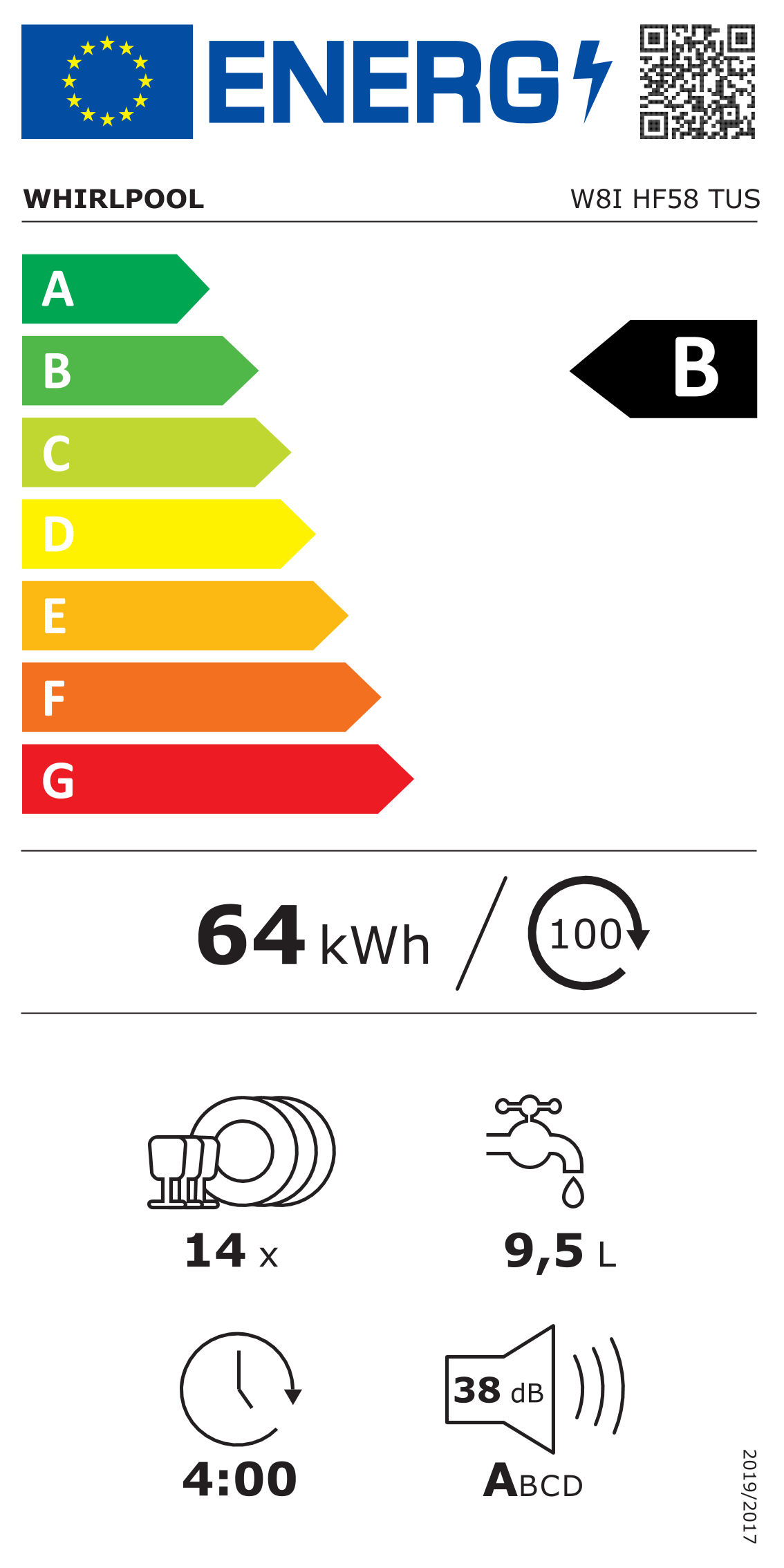 Scheda energetica EPREL Lavastoviglie da incasso 60 cm Whirlpool W8I HF58 TUS