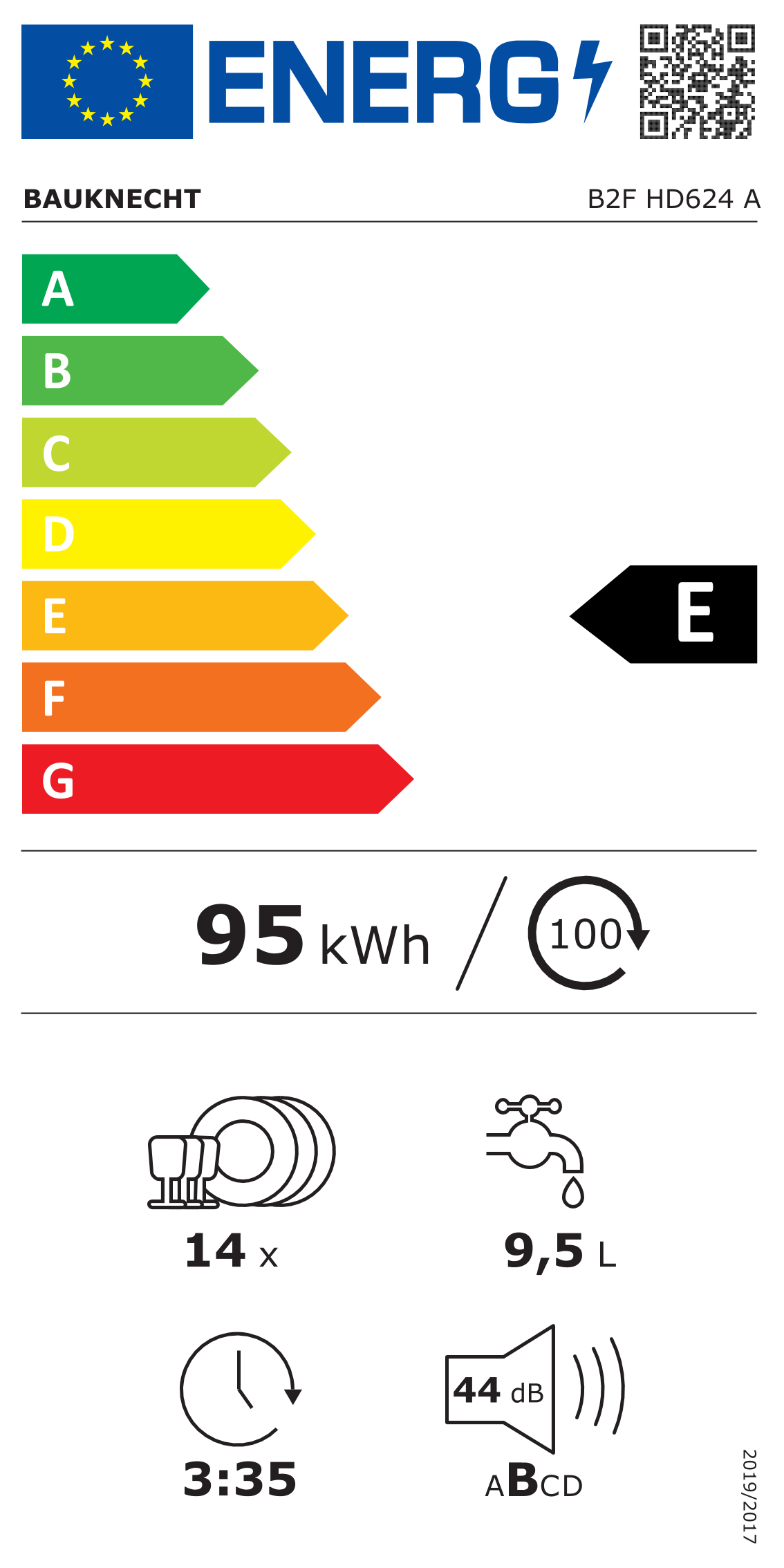 Scheda energetica EPREL Lavastoviglie libera installazione da 60 cm Bauknecht B2F HD624 A