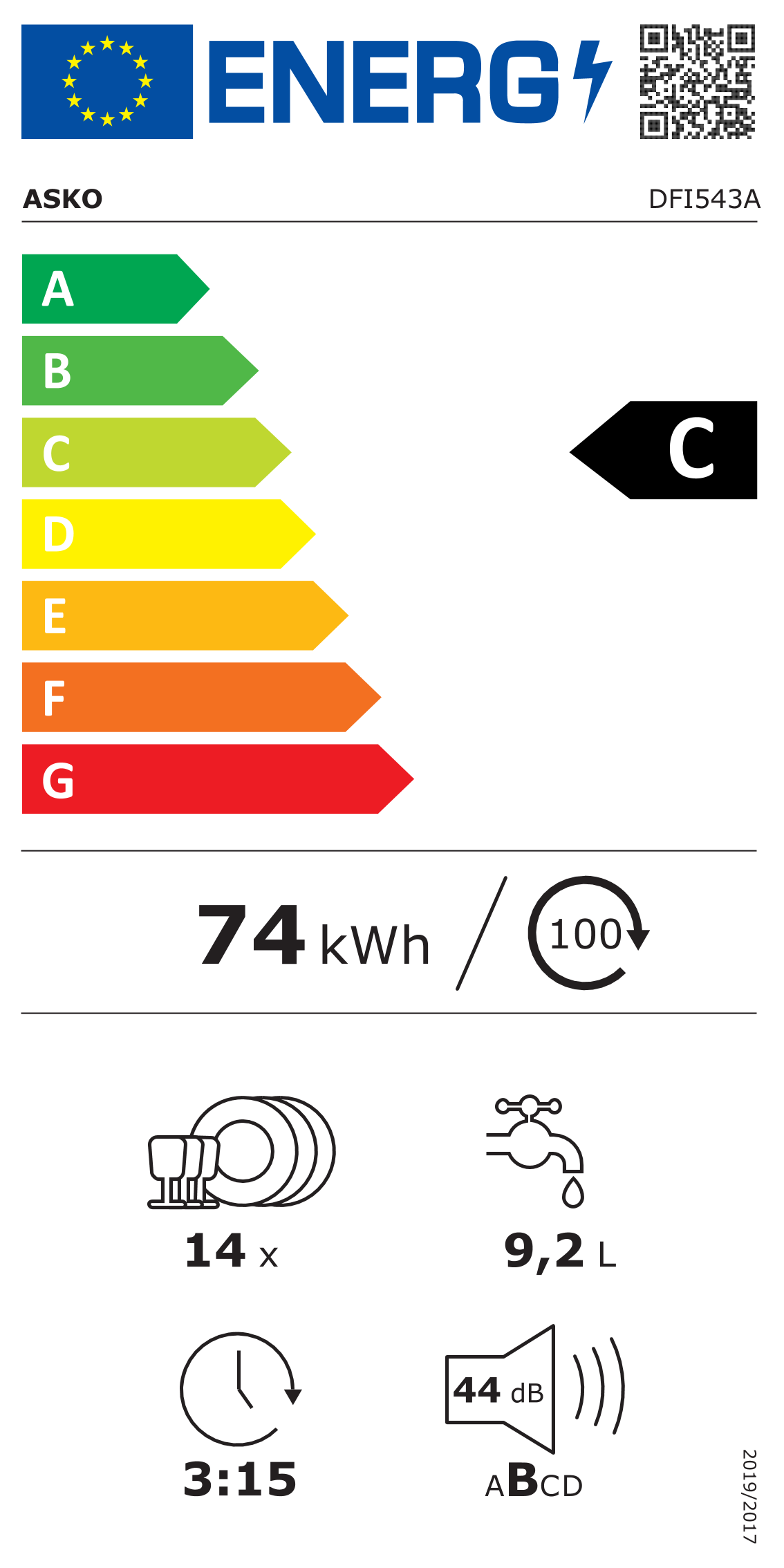 Scheda energetica EPREL Lavastoviglie da incasso Asko DFI543A 