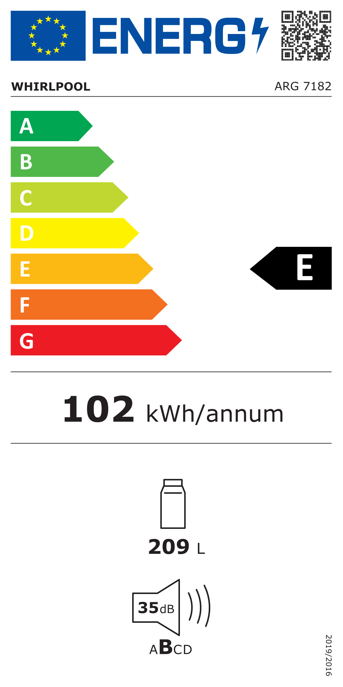 Scheda energetica EPREL Frigorifero da incasso Whirlpool ARG 7182