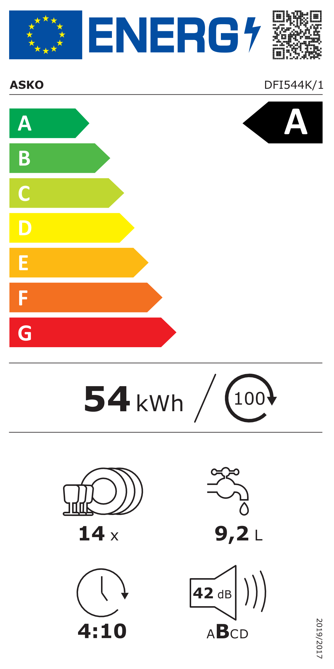 Scheda energetica EPREL Lavastoviglie da incasso Asko DFI544K/1 con ConnectLife