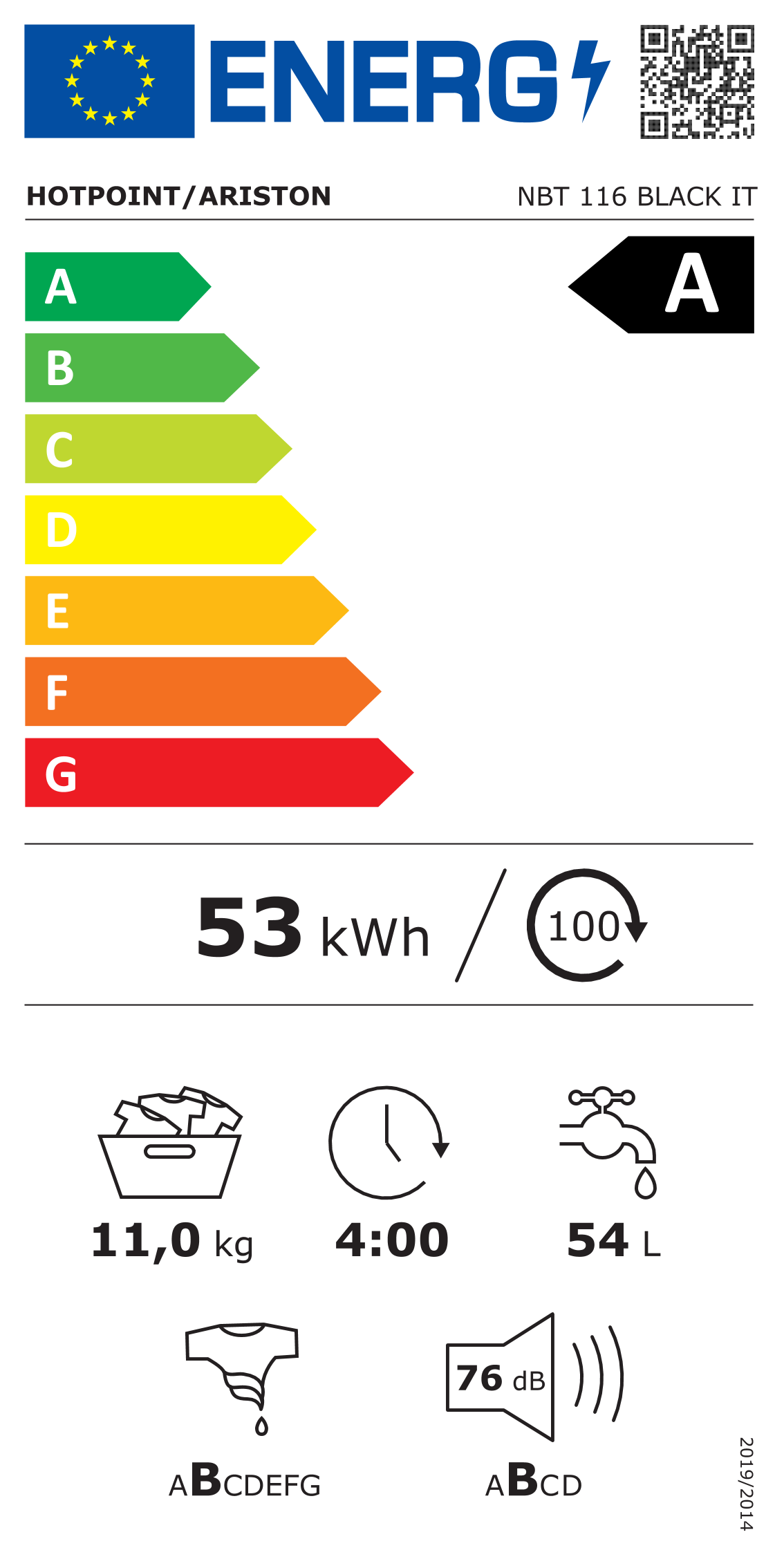 Scheda energetica EPREL Lavatrice a libera installazione 11 kg NBT 116 BLACK IT