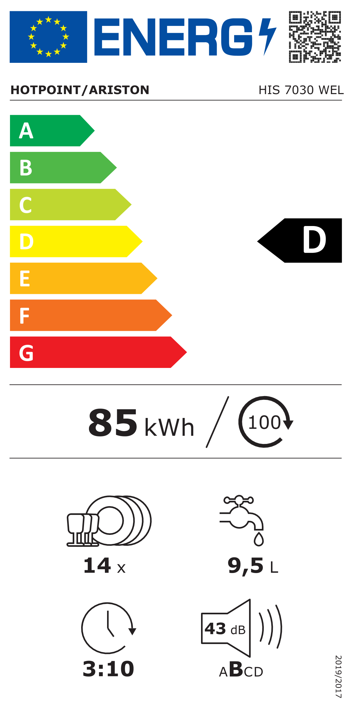 Scheda energetica EPREL Lavastoviglie da incasso 60 cm Hotpoint HIS 7030 WEL