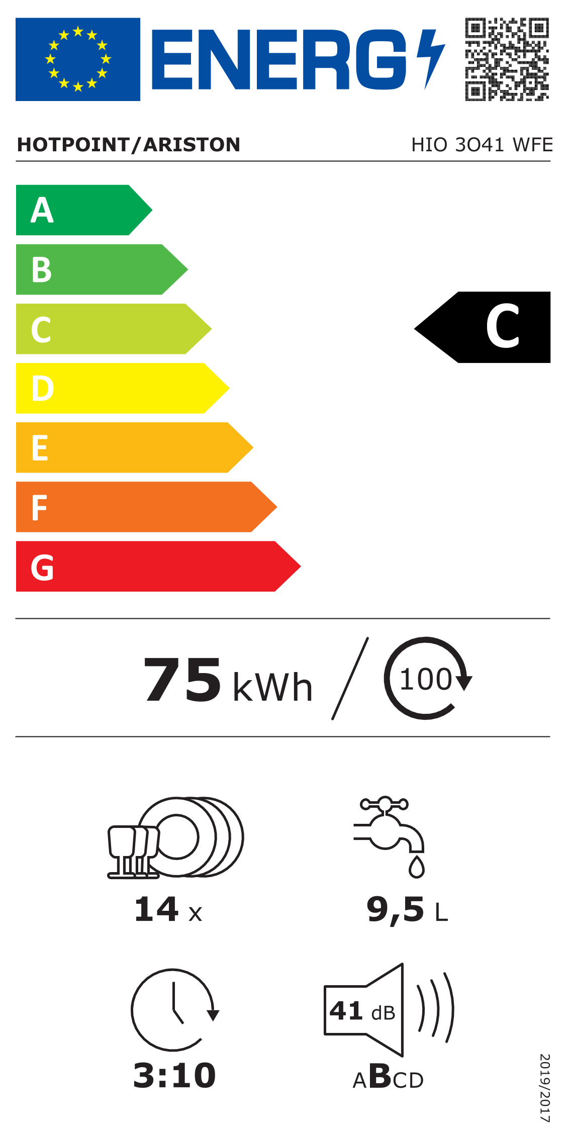 Scheda energetica EPREL Lavastoviglie da incasso 60 cm Hotpoint HIO 3O41 WFE