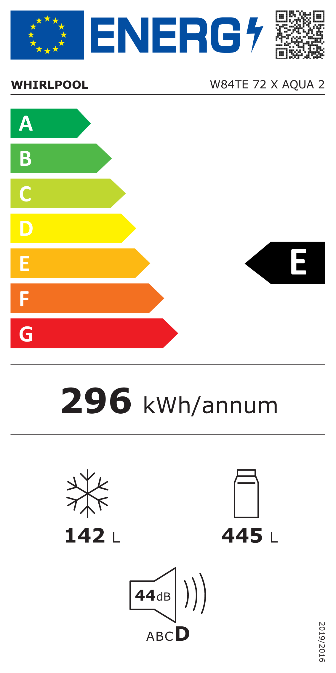 Scheda energetica EPREL Frigorifero libera installazione Whirlpool W84TE 72 X AQUA 2