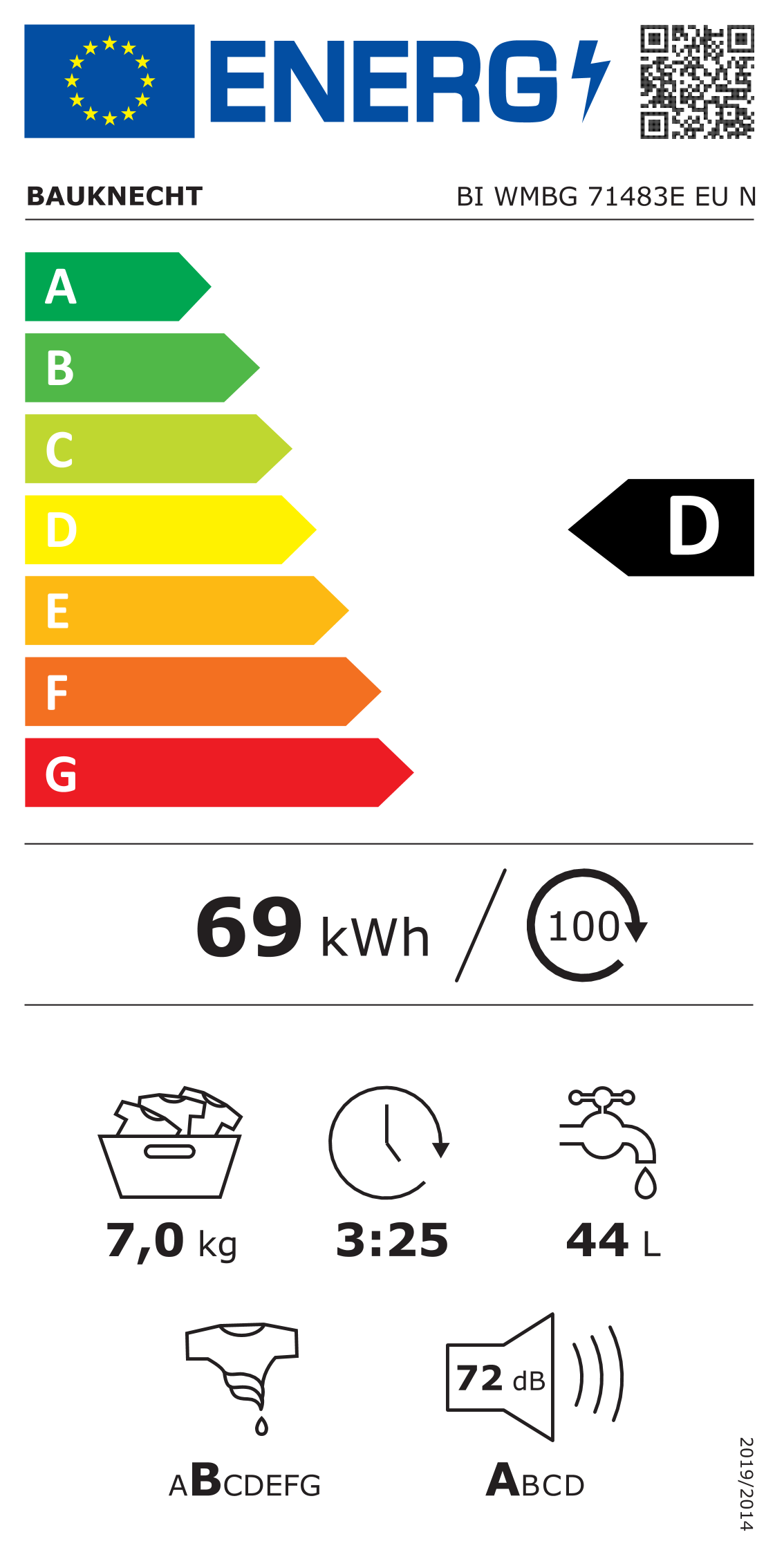 Scheda energetica EPREL Lavatrice da incasso Bauknecht 7 kg BI WMBG71483E