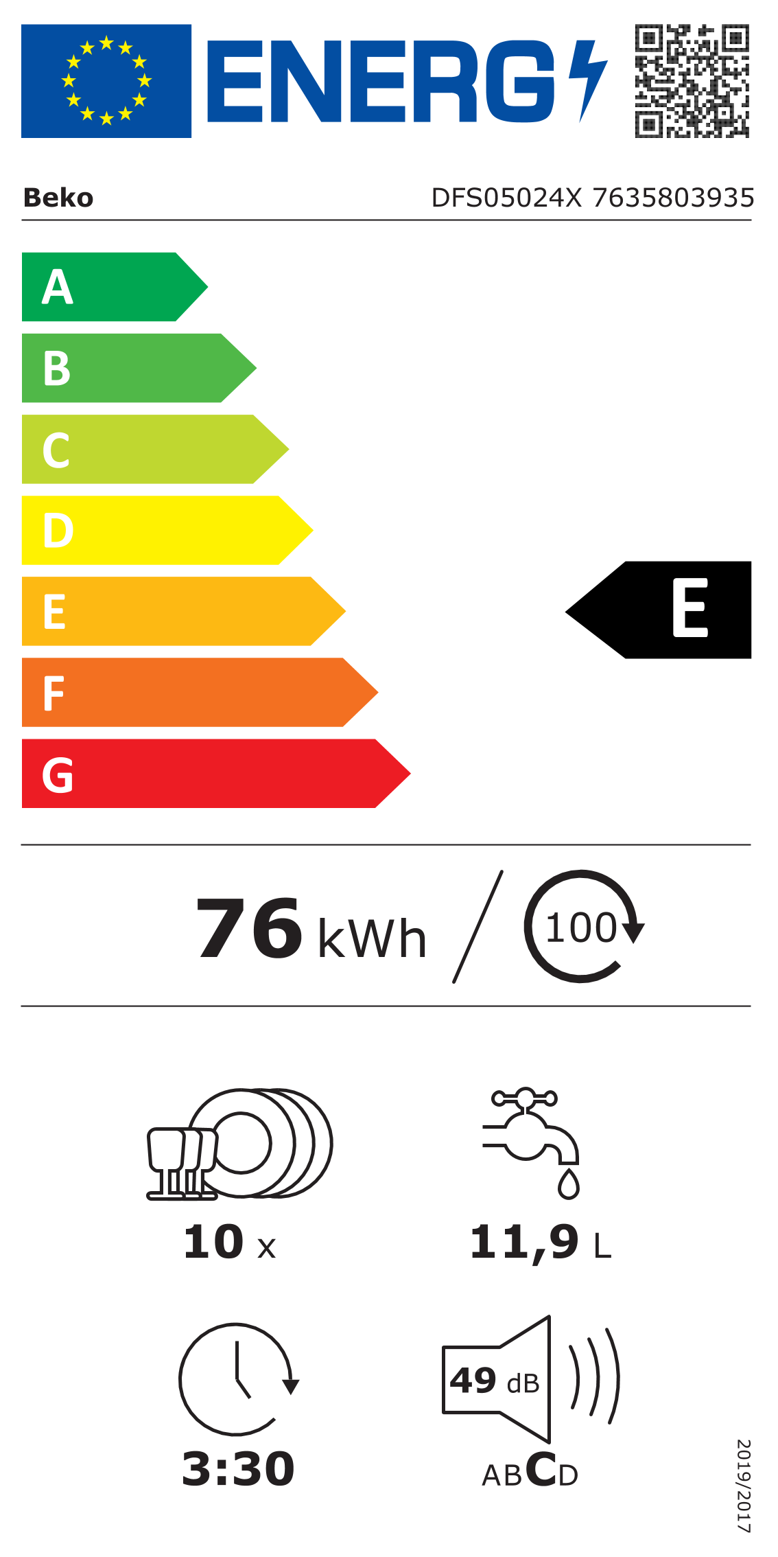 Scheda energetica EPREL Lavastoviglie Beko DFS05024X Slim 45 cm