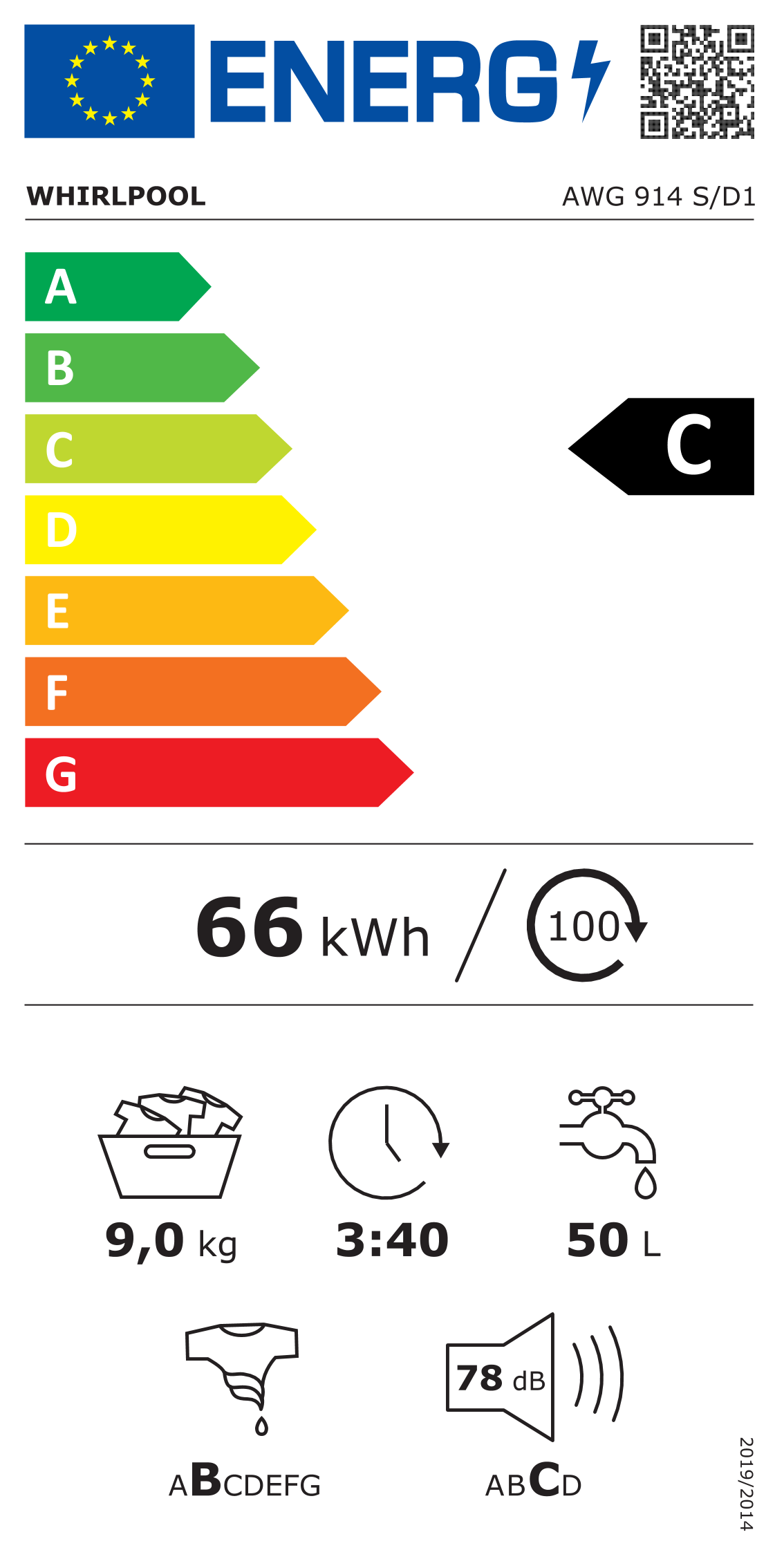 Scheda energetica EPREL Lavatrice Whirlpool AWG 914 S/D1 9 kg