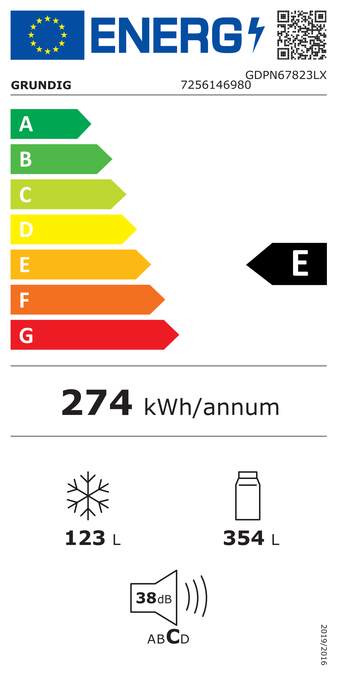 Scheda energetica EPREL Frigorifero a libera installazione Grundig GDPN67823LX  477 litri doppia porta